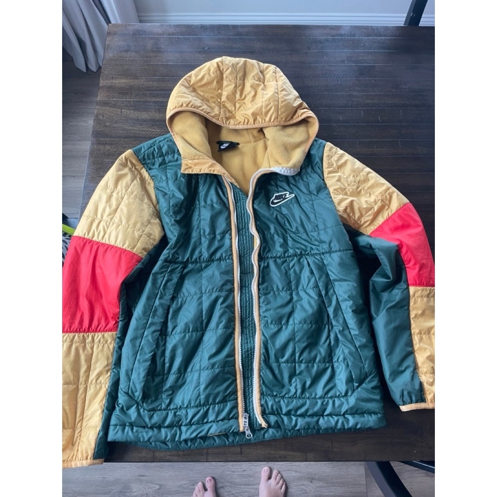 Nike Colorblock Puffer Jacket Green Yellow Red Fleece Lined Full Zip Small